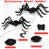 A black fluffy spider decoration with flexible legs and scary red eyes against a white background.