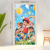 A vertical decorative polyester banner featuring cartoon children and colorful balloons against a bright sky background.