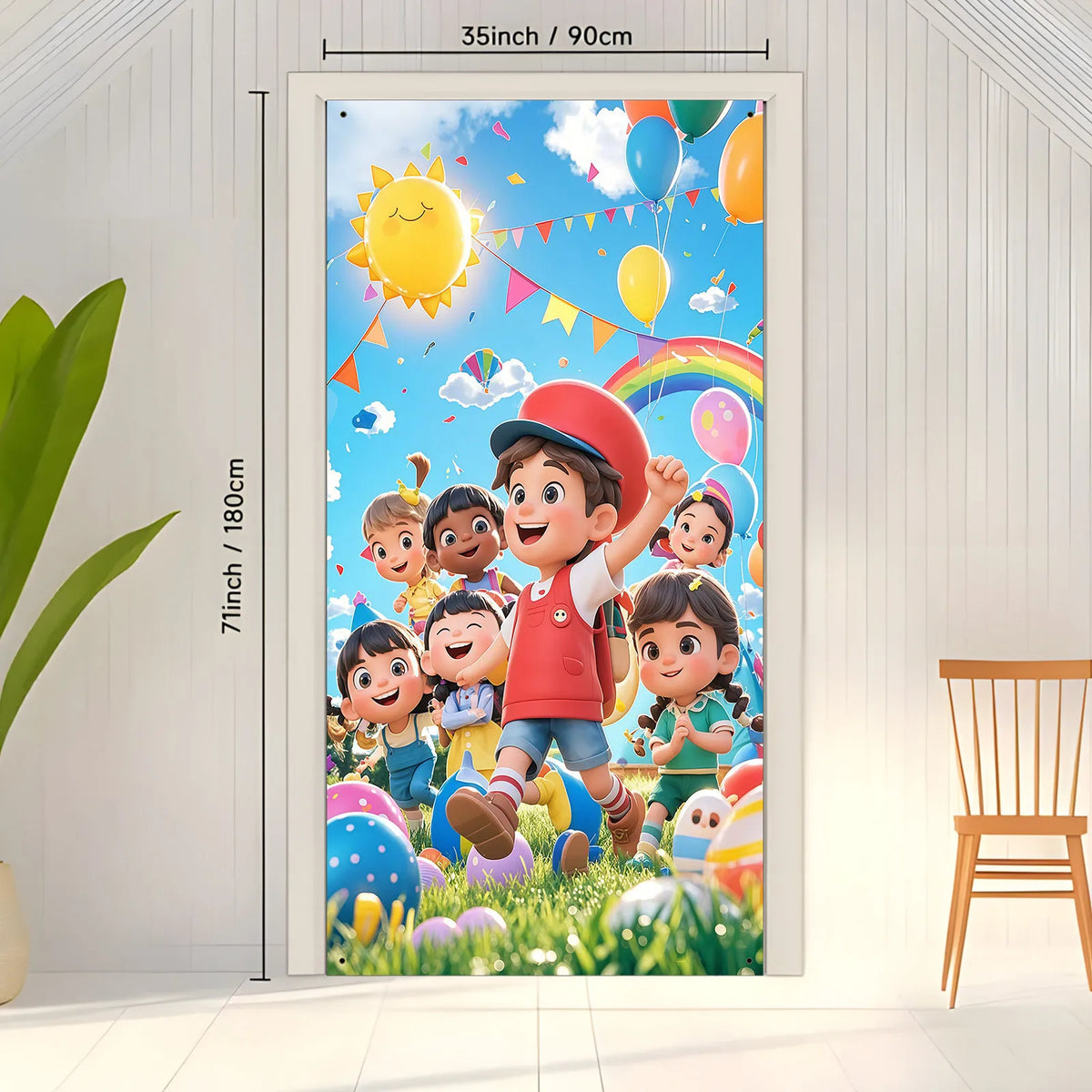 A vertical decorative polyester banner featuring cartoon children and colorful balloons against a bright sky background.