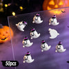 A collection of 50 Halloween 3D resin nail charms featuring white ghosts with purple hats displayed on a clear surface.