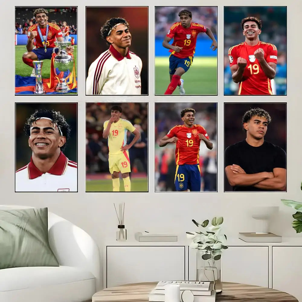 A collage of football player Lamine Yamal in various jerseys and poses displayed as modern wall art posters.