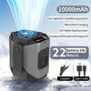 A portable air conditioning fan with a digital display and battery, shown against a snowy background.