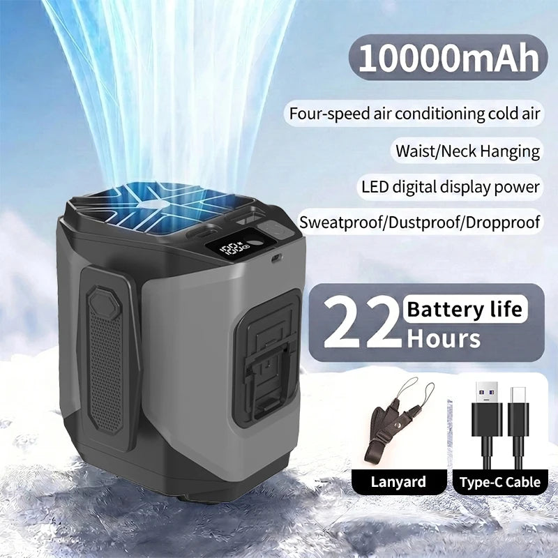A portable air conditioning fan with a digital display and battery, shown against a snowy background.