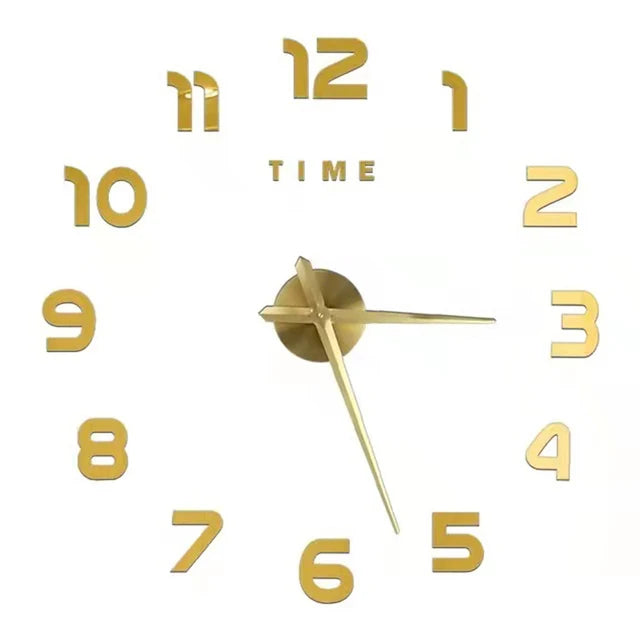 A golden acrylic wall clock face showing the time, with large numbers and hands.