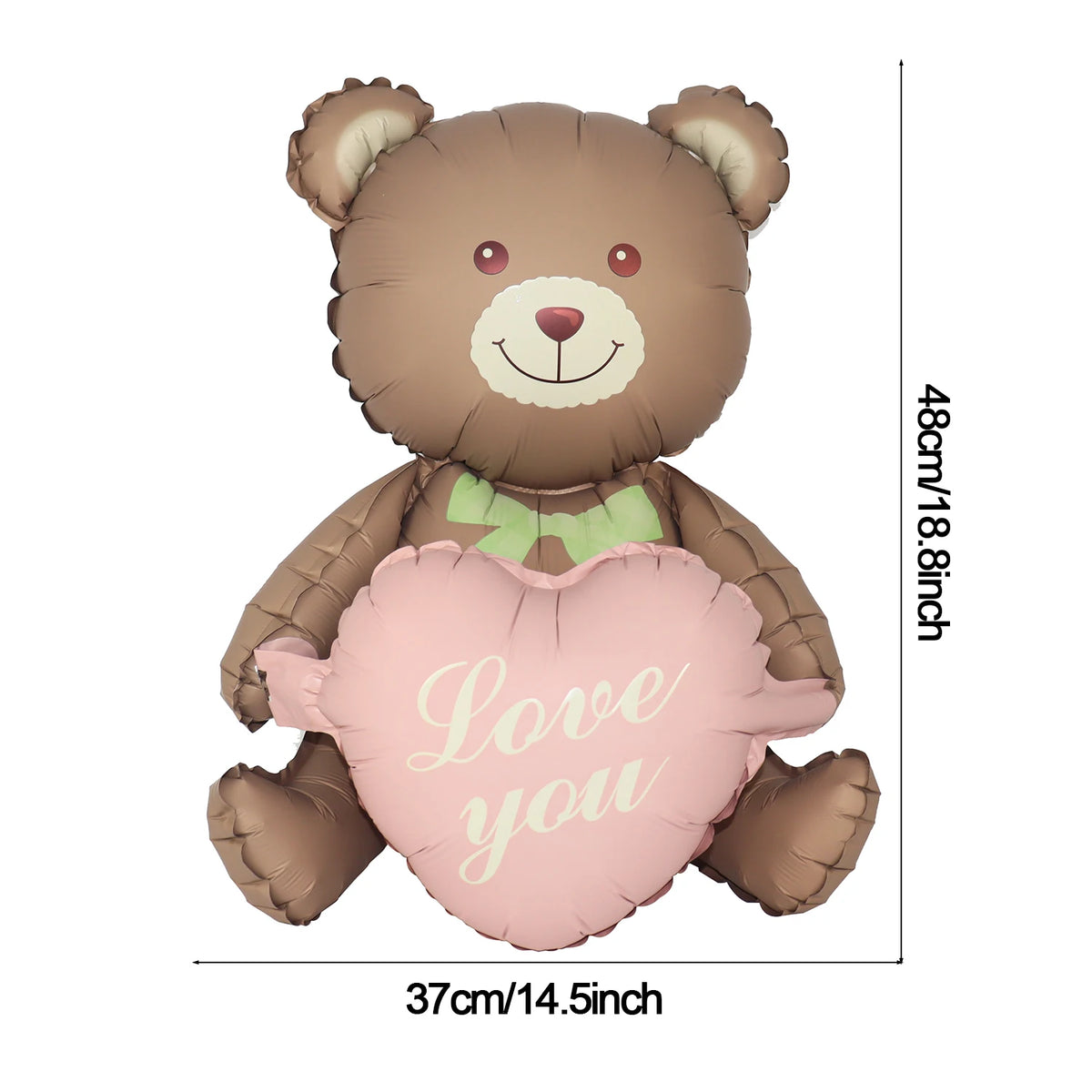 A brown bear foil balloon shaped like a heart with the words Love you on it