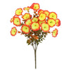A cluster of vibrant artificial pansy flowers in shades of yellow and orange on a brown stem.