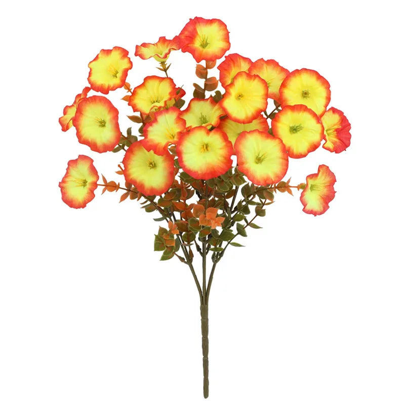 A cluster of vibrant artificial pansy flowers in shades of yellow and orange on a brown stem.