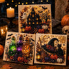 Diamond painting art kit featuring spooky cute Halloween ghosts and pumpkins on a wooden background