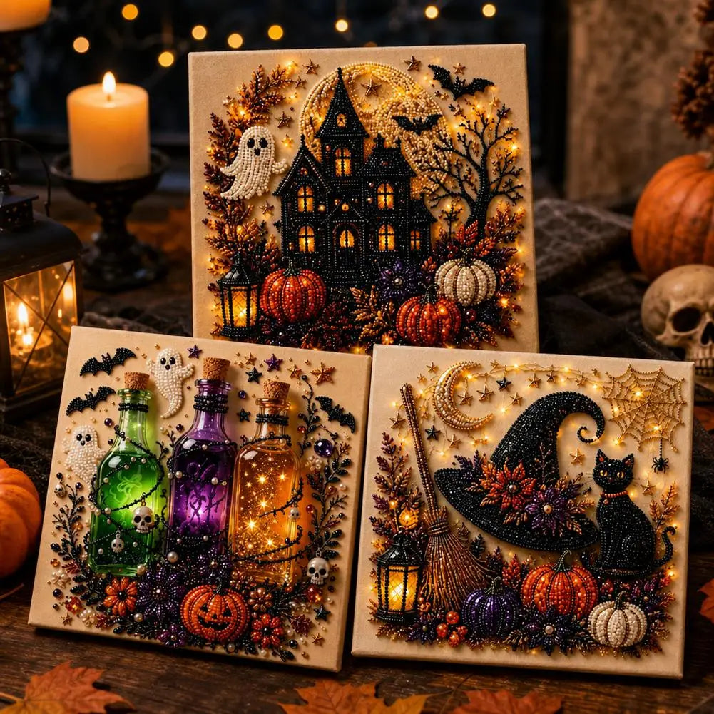 Diamond painting art kit featuring spooky cute Halloween ghosts and pumpkins on a wooden background