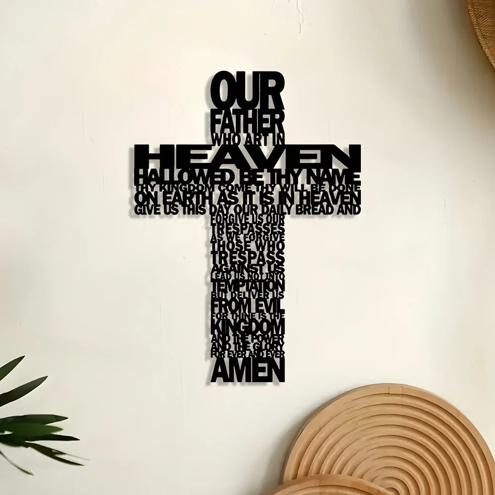 Black metal cross wall art featuring the text Our Father Who Art In Heaven