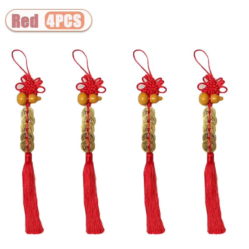 Four red traditional Chinese knot pendants featuring wooden gourds and copper coins