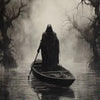 A cloaked figure in a boat navigates a misty, dark forest, reflecting on the water.