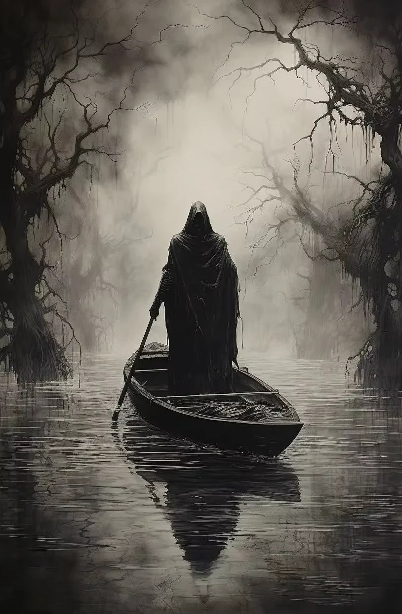 A cloaked figure in a boat navigates a misty, dark forest, reflecting on the water.