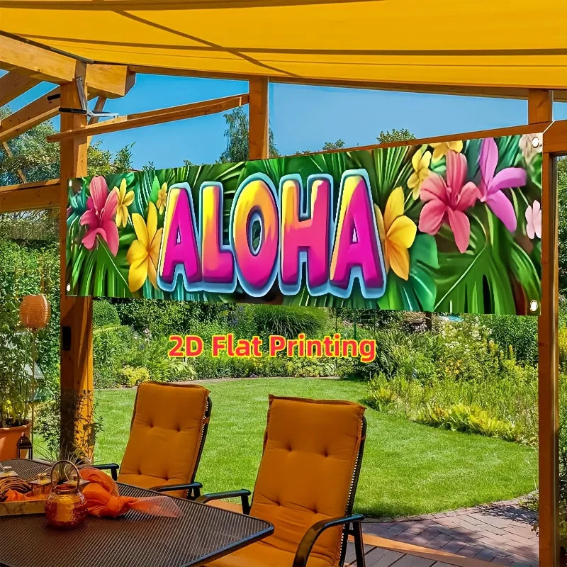 A tropical floral banner featuring pink and yellow flowers is displayed in an outdoor setting.
