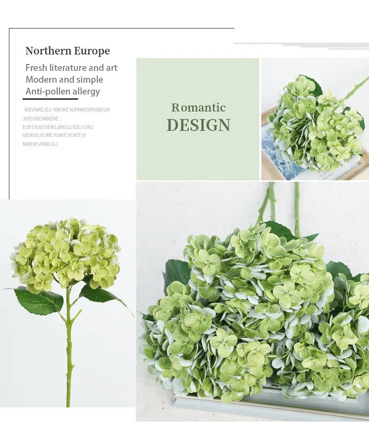 A bouquet of light green artificial hydrangea flowers displayed in a glass container.