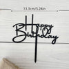 Black acrylic birthday cake topper with gold lettering and a stick, measuring 13.3cm/5.24in.