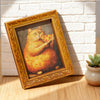 A framed painting of an orange cat eating a slice of pizza