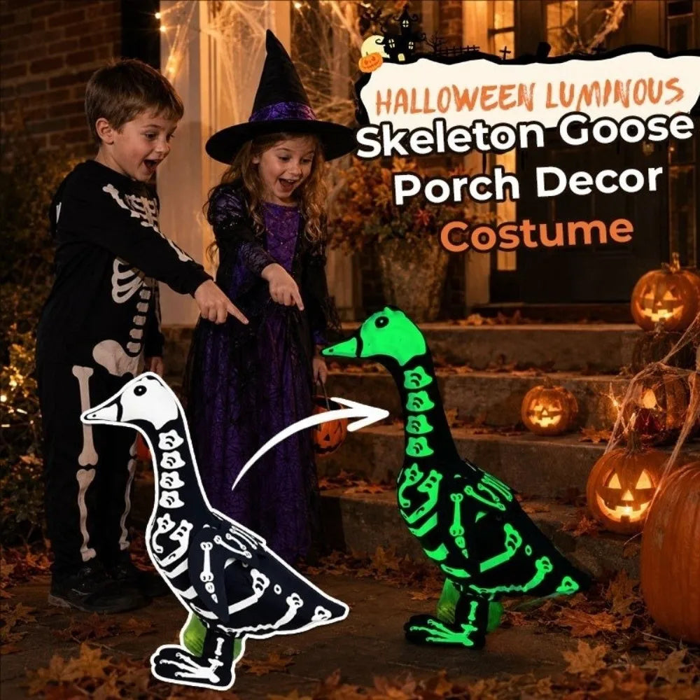 A Halloween costume featuring a luminous skeleton goose porch decor costume with a witch and a child.