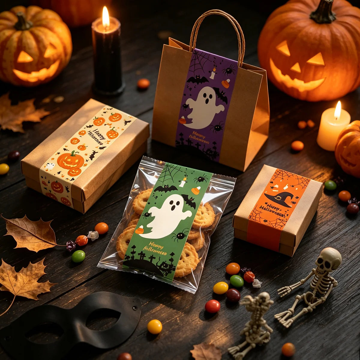 A dark wooden surface displays Halloween sealing stickers, pumpkins, leaves, and a skeleton figure.