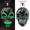 A realistic latex skull mask with glowing green eyes and teeth, shown in both lit and unlit states.
