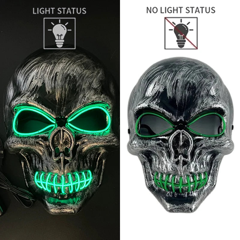 A realistic latex skull mask with glowing green eyes and teeth, shown in both lit and unlit states.
