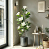 A tall artificial magnolia tree with white silk flowers in a dark pot displayed indoors.