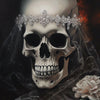 A realistic portrait of a human skull adorned with a sparkling diamond crown and draped in sheer black veil.