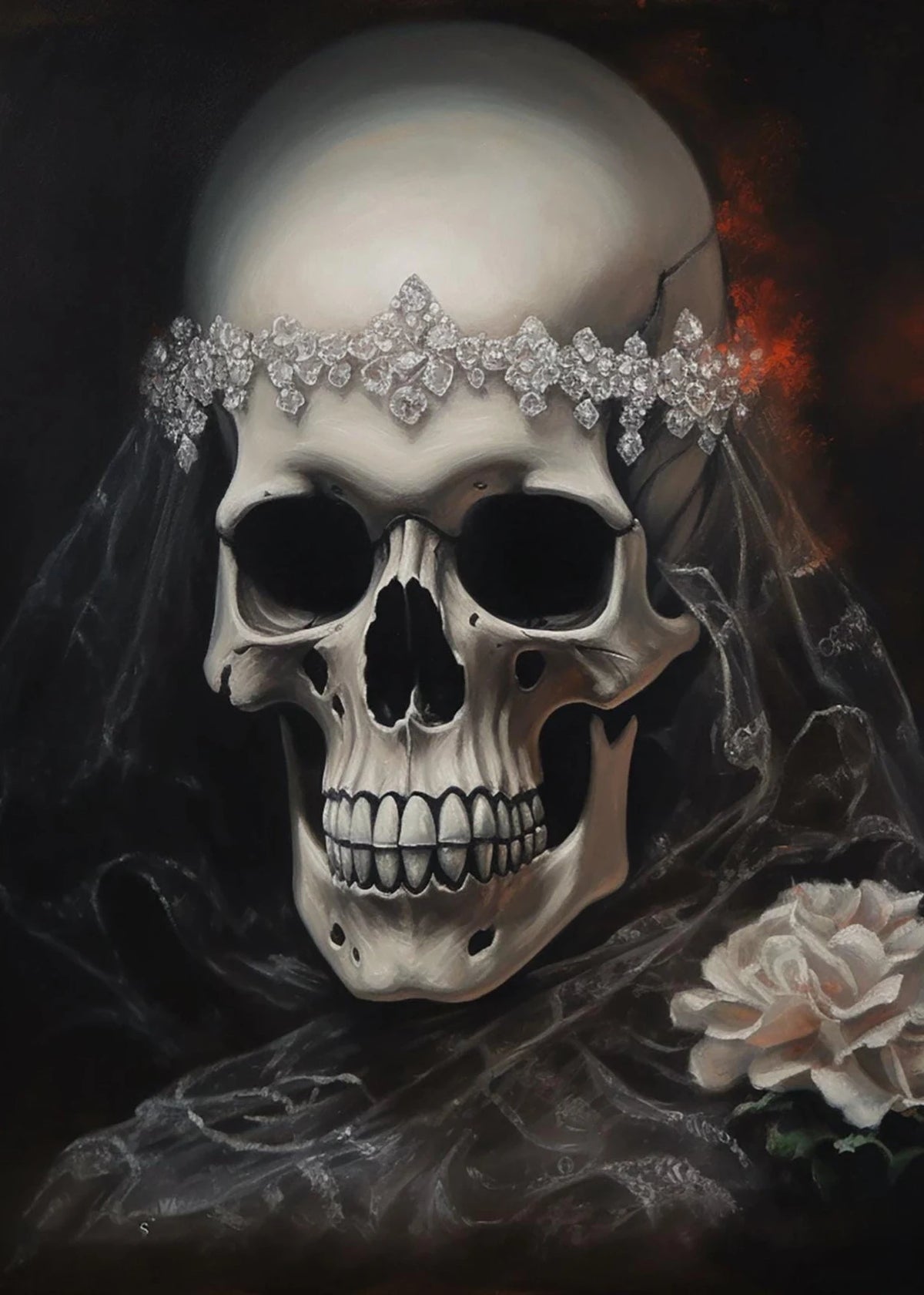 A realistic portrait of a human skull adorned with a sparkling diamond crown and draped in sheer black veil.