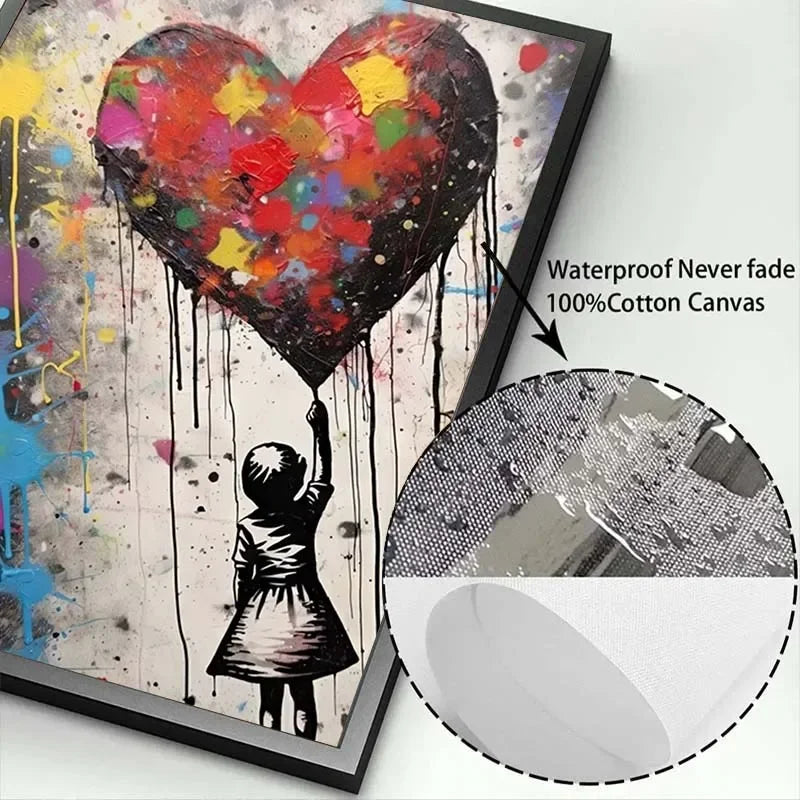 A vibrant heart-shaped balloon featuring paint drips and a silhouette of a child, displayed on canvas.