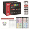 A box of 320 color acrylic brush markers with various color swatches and coloring cards.