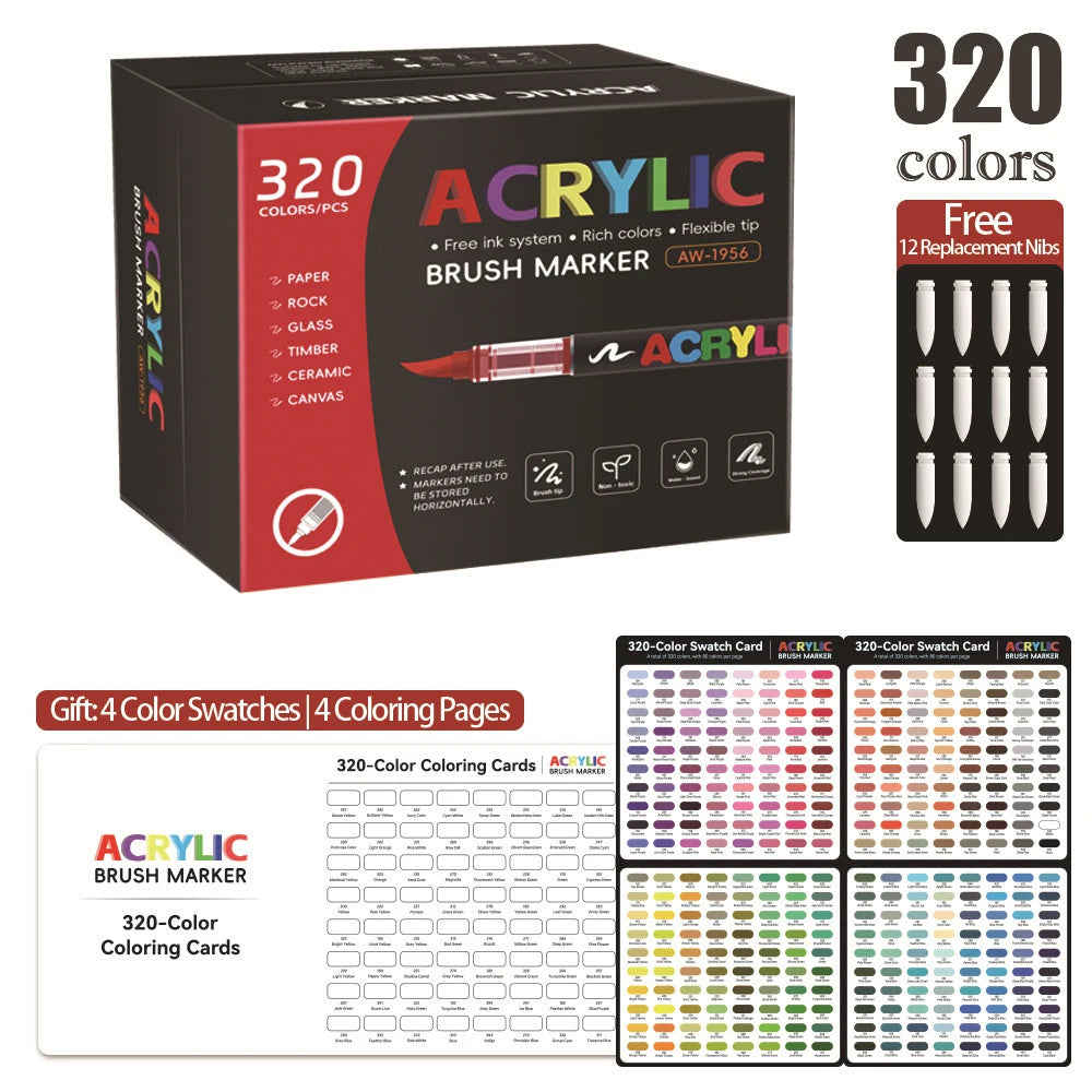 A box of 320 color acrylic brush markers with various color swatches and coloring cards.