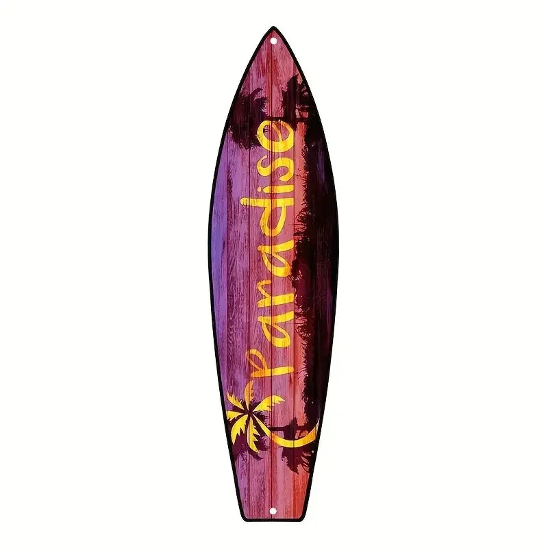 A dark wooden surfboard shaped like a tiki bar sign with gold lettering and a palm leaf design.
