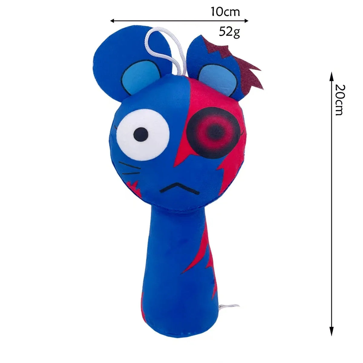A blue collectible plush toy featuring large eyes and red accents, shown against a white background.