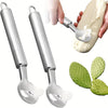 Silver Nopal cactus peeler and cutter set with ergonomic groove edge shown next to a piece of fruit.