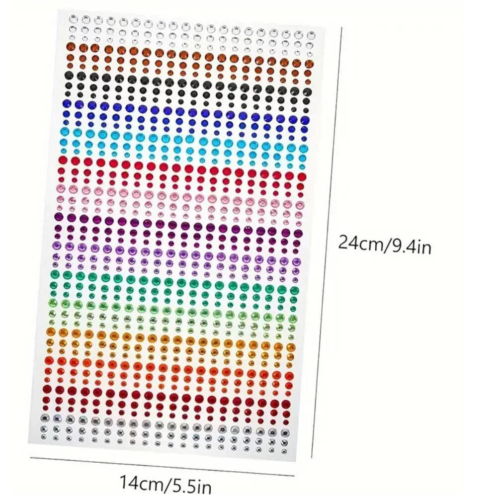 A grid of colorful glitter gems used for stick-on facial tattoos.
