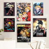 A collection of anime posters featuring characters from Fullmetal Alchemist displayed on a white shelf.