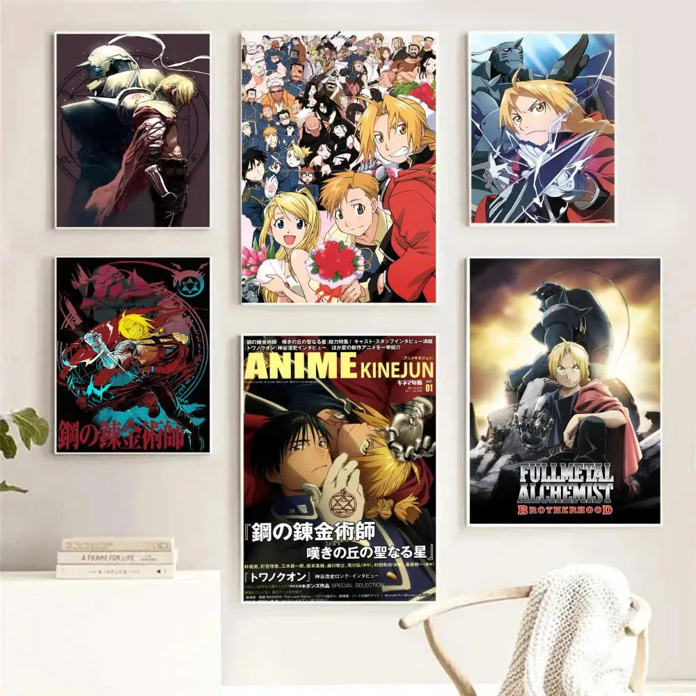 A collection of anime posters featuring characters from Fullmetal Alchemist displayed on a white shelf.