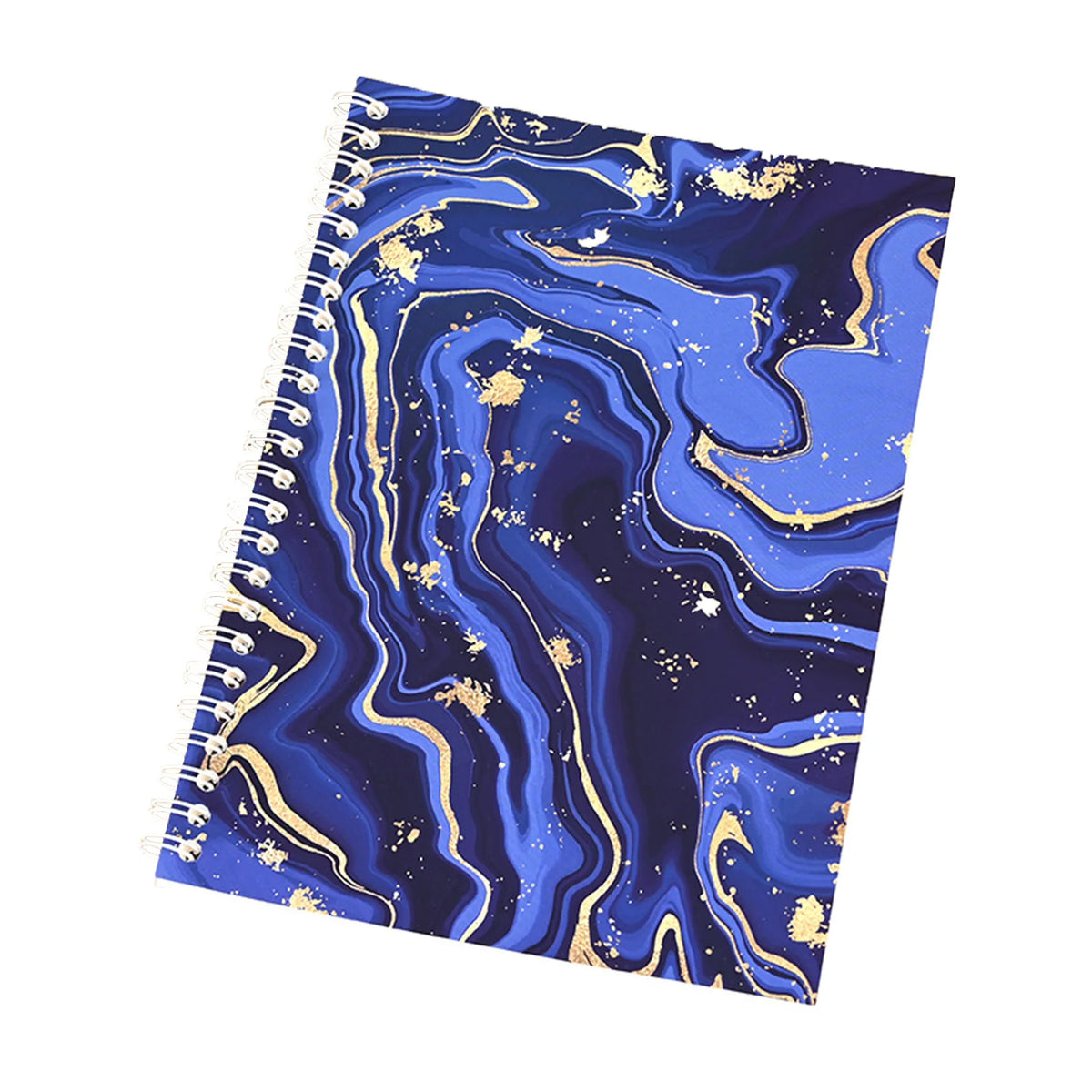 A reusable sticker collecting album featuring a dark blue and gold marbled design.