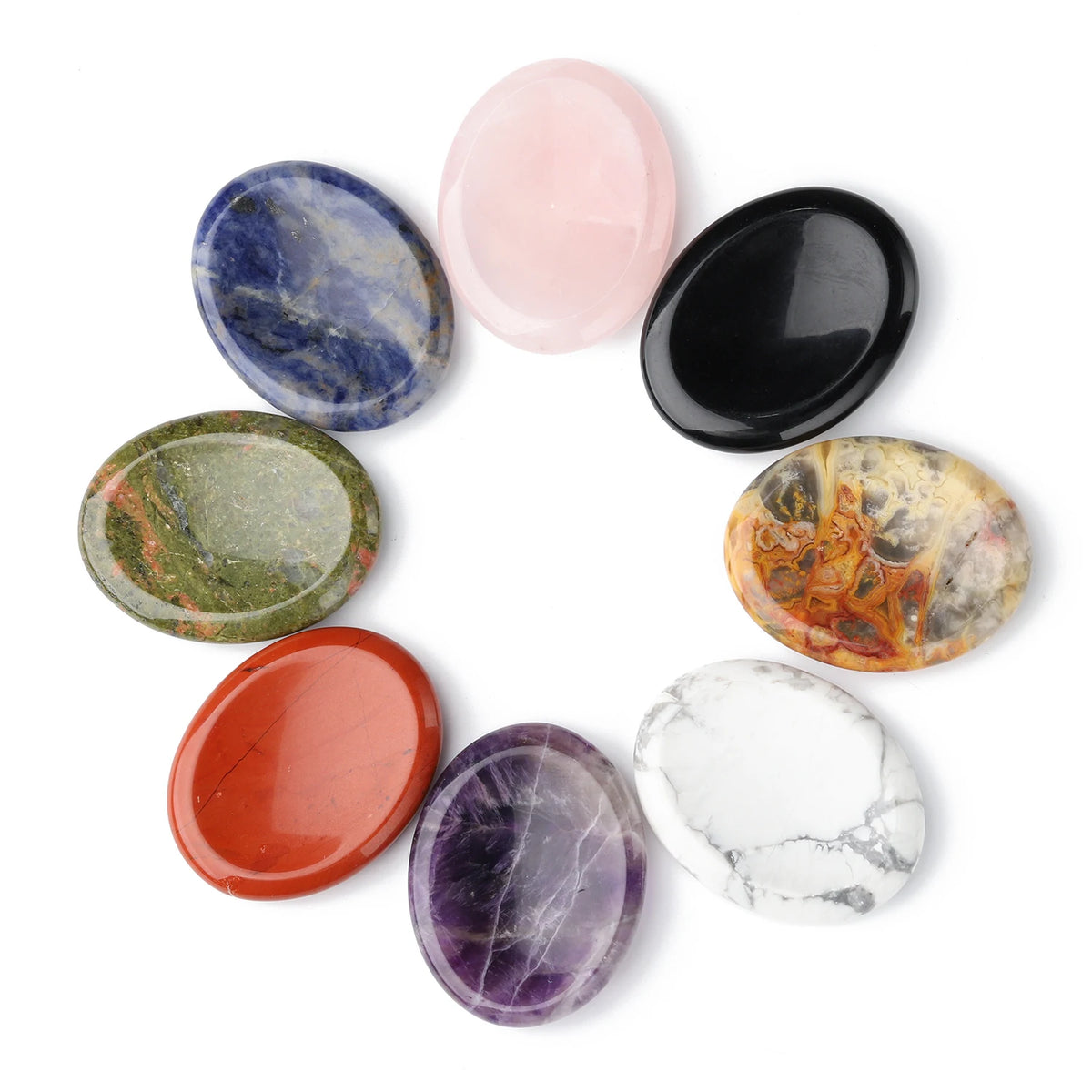 A collection of oval natural stone beads in various colors including blue, pink, black, green, orange, and purple arranged in