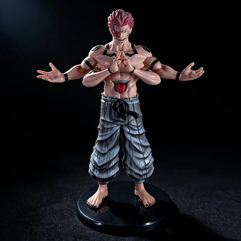 A highly detailed figurine of a character with pink hair and a demonic face, posed with hands clasped, wearing traditional cl