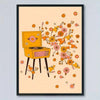 Vintage Blumen-Canvas-Druck mit gelbem Holzständer, rosa Blume und orange-pinken Blumen