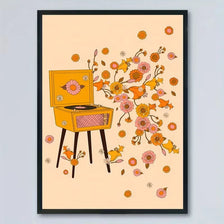 A vintage floral canvas art print featuring a yellow wooden stand with a pink flower and surrounding orange and pink floral i