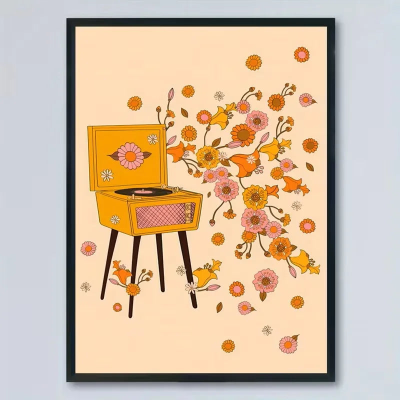 Vintage Blumen-Canvas-Druck mit gelbem Holzständer, rosa Blume und orange-pinken Blumen
