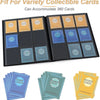 A black trading card storage binder with multiple slots holding various collectible cards in protective sleeves.