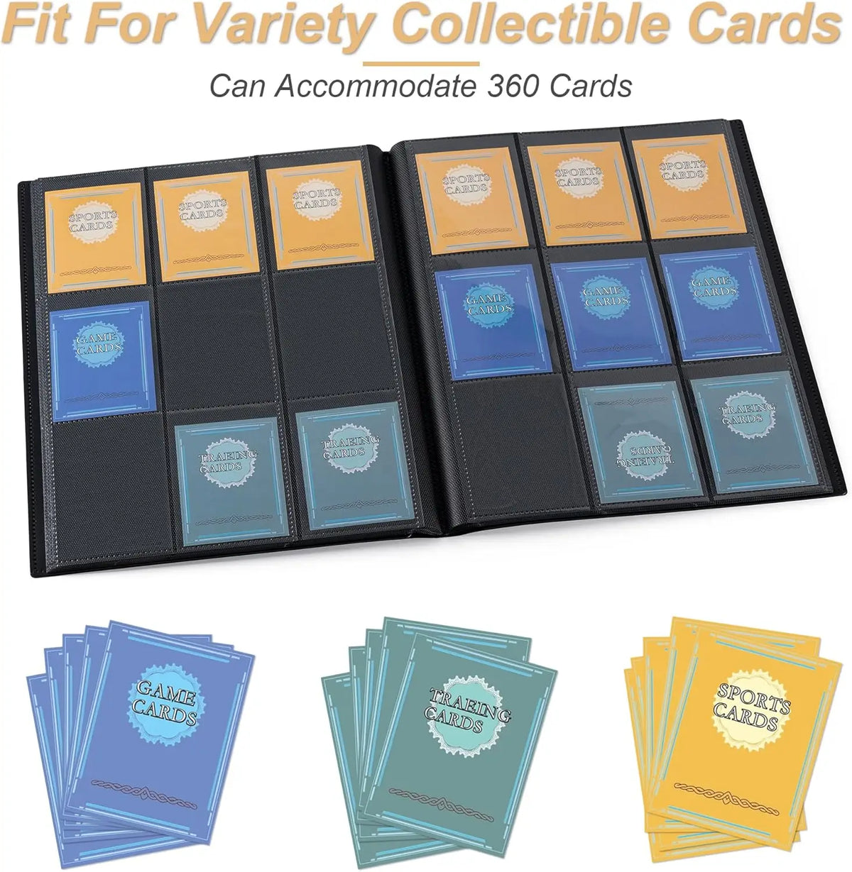 A black trading card storage binder with multiple slots holding various collectible cards in protective sleeves.