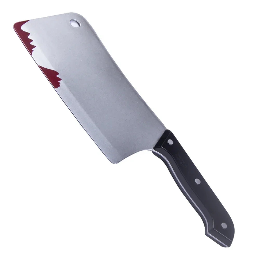 A silver knife prop with a red blood stain detail on the blade and a black handle.