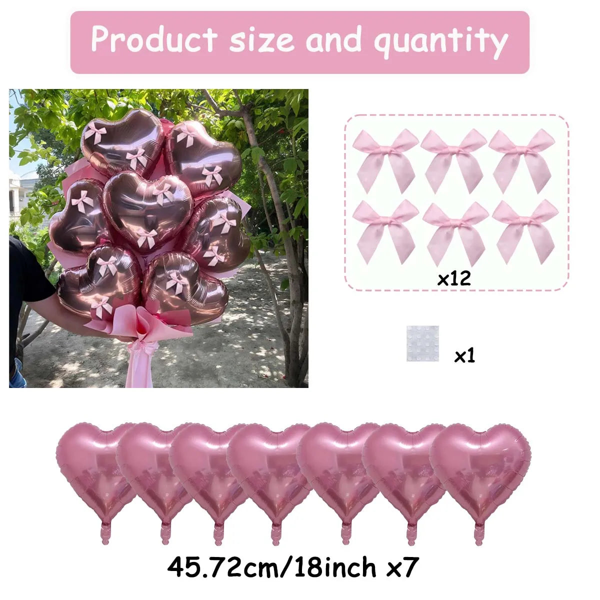A set of pink heart-shaped foil balloons with ribbon bows, including a bouquet and individual balloons.