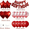 A set of red star and heart foil balloons for birthday decorations, including various sizes and a straw ribbon.