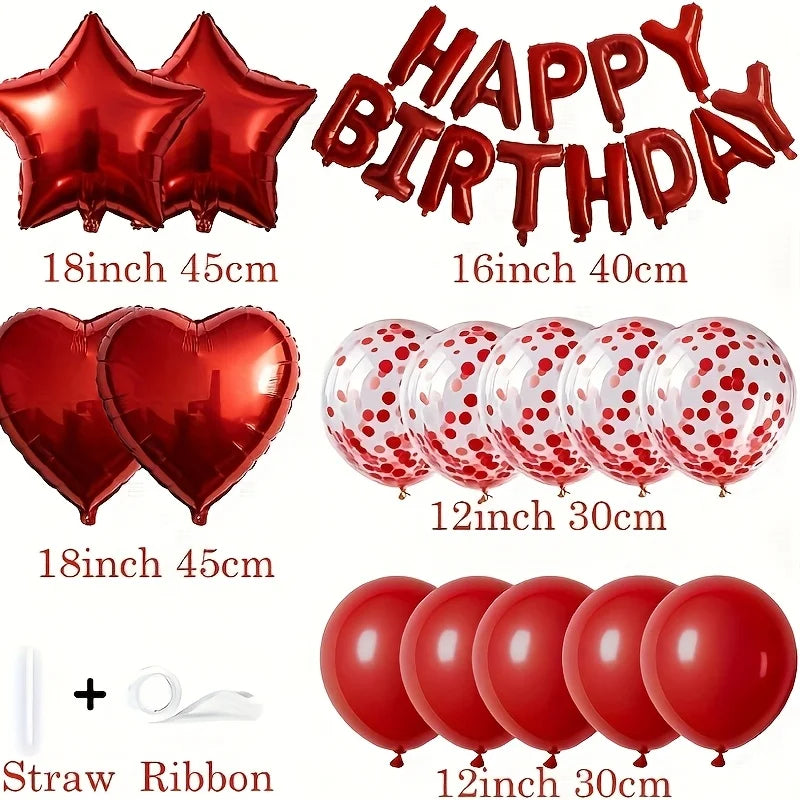 A set of red star and heart foil balloons for birthday decorations, including various sizes and a straw ribbon.