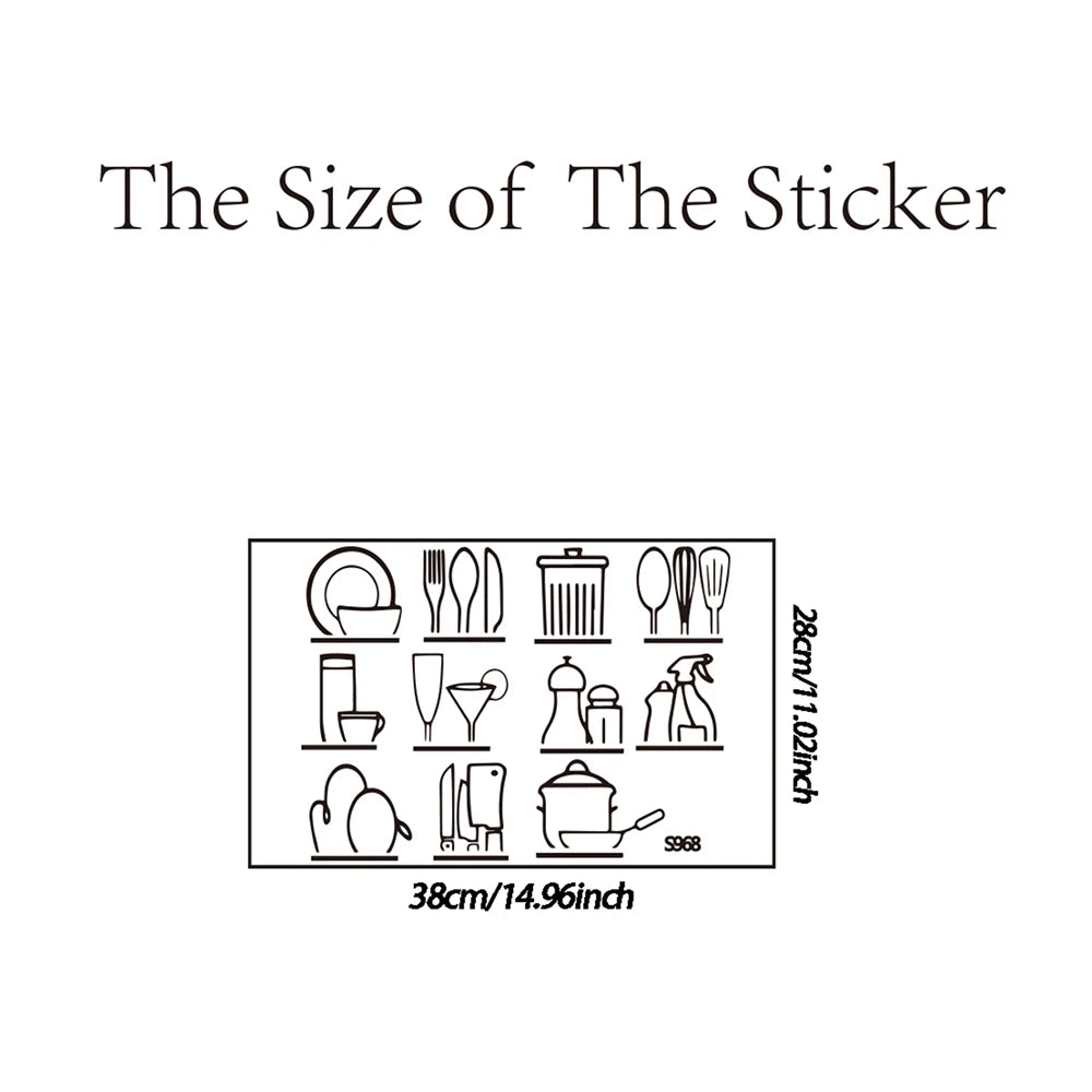 Line drawing showing various sizes and shapes of kitchen wall stickers.